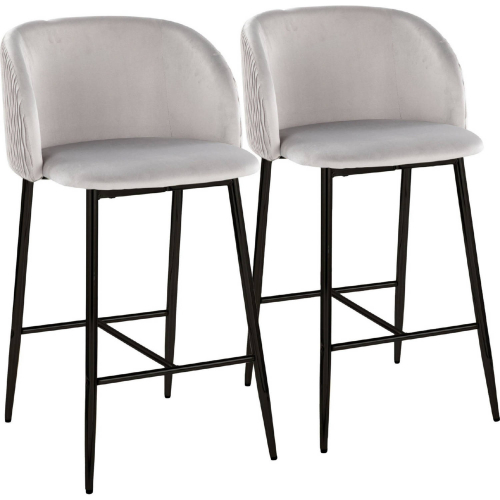 Fran Pleated Waves Counter Stool in Black Metal & Silver Velvet (Set of 2)